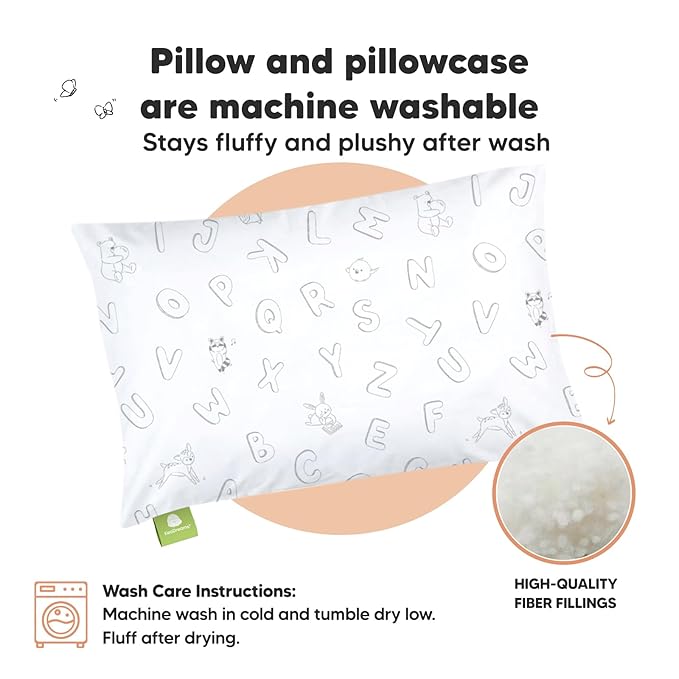 Toddler Pillow with Pillowcase - 13x18 My Little Dreamy Pillow, Organic Cotton Toddler Pillows for Sleeping, Kids Pillow, Travel Pillows, Mini Pillow, Nursery Pillow, Toddler Bed Pillow (ABC Land)