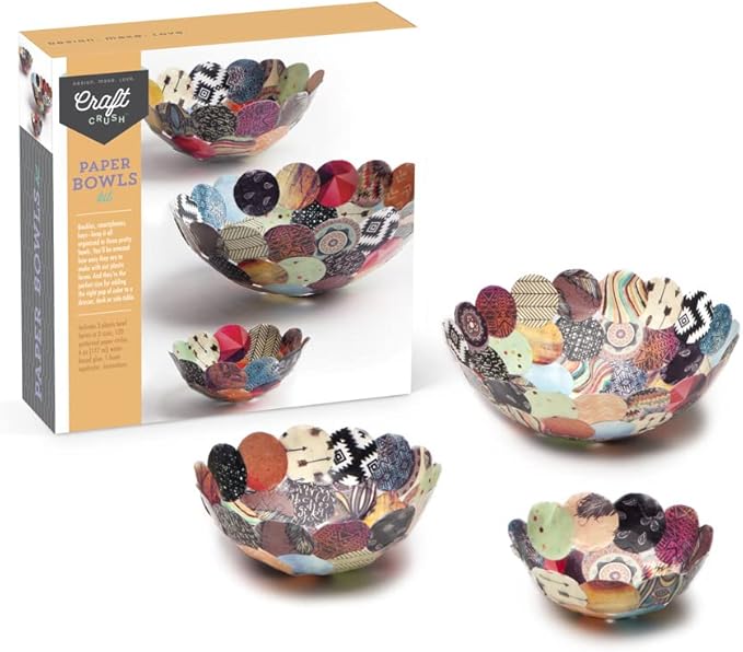 Craft Crush Paper Bowls Craft Kit - Creates 3 DIY Decorative Bowls Easy-to-Make Colorful Bowls for Small Items, Desk Organization - Includes Glue & Foam Applicator - Paper Craft Kit for Ages 13 & up