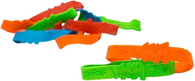 Superhero Party Supply Set: Superhero Sticker Roll (100 Stickers), 24 Piece Superhero Sayings Bracelets, & 24 Plastic Superhero Stampers - Great Addition To Your Superhero Party Supplies & Favors