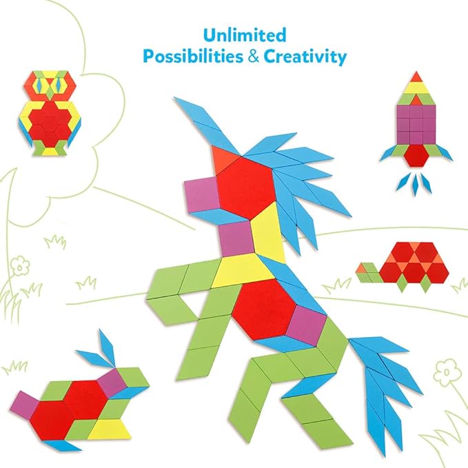 Coogam Wooden Pattern Blocks Set 130PCS Geometric Color Shape Manipulative Puzzle – Graphical Montessori Tangram Early Learning Educational Toys Brain Teasers STEM Gift for Kids with 24 Design Cards