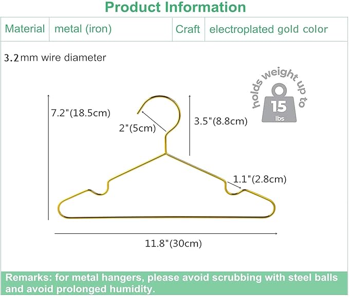 Amber Home 20 Pack 12 Inch Gold Kids Baby Hangers, Strong Metal Children Clothes Hangers for Closet, Space Saving Infant Hanger for Toddler Coats Pants (Gold, 20)
