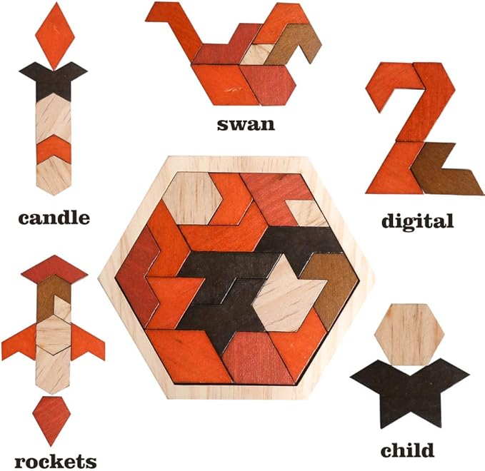 Skrtuan Wooden Puzzle Hexagon Tangram Puzzle for Kids Adults Brain Teasers Puzzles Game Challenge Toy Shape Pattern Block Tangram Family Portable Montessori Educational Gift for All Ages Boys Girls