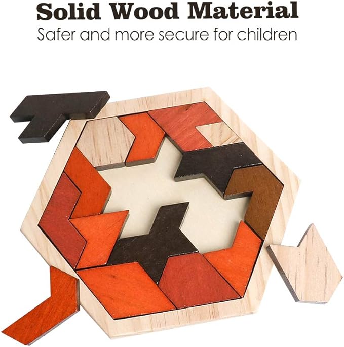 Skrtuan Wooden Puzzle Hexagon Tangram Puzzle for Kids Adults Brain Teasers Puzzles Game Challenge Toy Shape Pattern Block Tangram Family Portable Montessori Educational Gift for All Ages Boys Girls