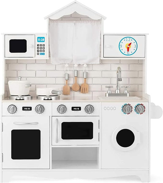 HONEY JOY Kids Kitchen Playset, 31 Inch Rooftop Wooden Play Kitchen for Toddlers, Microwave, Clock, Washing Machine, Cookware, Little Chef Pretend Play Toy Kitchen Set, Gift for Boys Girls, White
