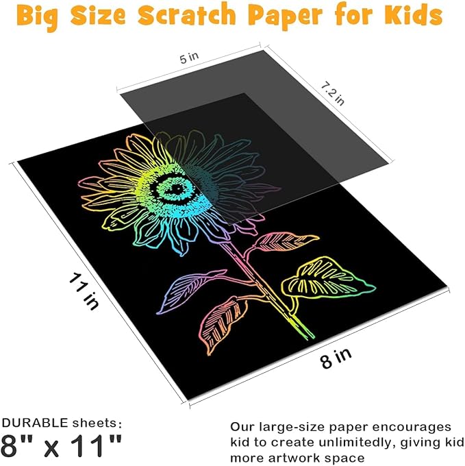 ZMLM Scratch Paper Art-Craft Kit: 11''x 8'' Big Sheets Magic Rainbow Drawing Board Kid Art Paper Pad Supply Toddler DIY Project Activity Toy Game for Teens Girls Boys Holiday Birthday Gift