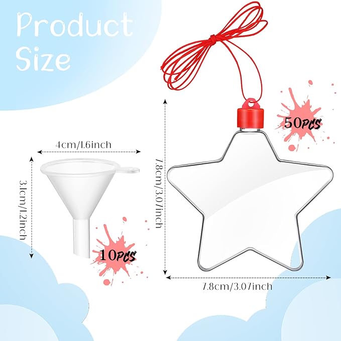 Yinkin 50 Pcs Sand Art Bottle Necklaces DIY Sand Art Craft Kit with 10 Pcs Plastic Mini Funnels Christmas Plastic Bottles for Kids Craft Christmas Party Favors, Sand Not Included (Star Style)