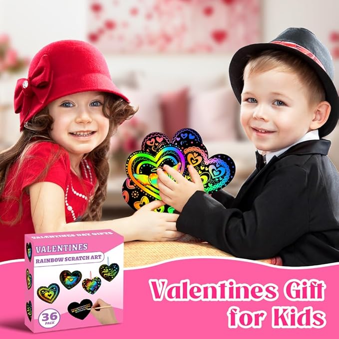 MDCGFOD 36 Pack Valentines Day Gifts for Kids, Rainbow Scratch Heart Crads Valentine Crafts for Kids - Create Magic Color Scratch Art for School Classroom Game Prizes Valentines Party Favors