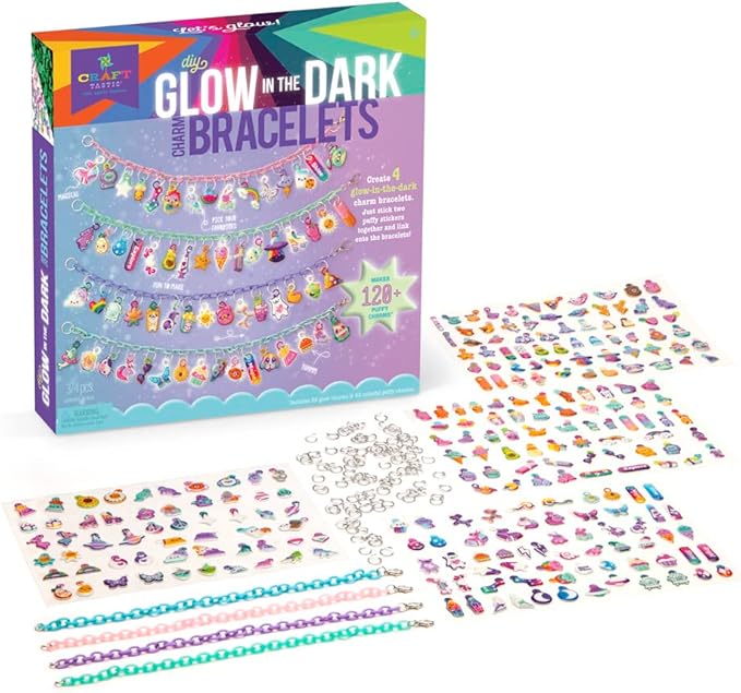 Craft-tastic DIY Glow in The Dark Charm Bracelets – Design 4 Customizable Bracelets with 120+ Easy-to-Make Puffy Sticker Charms – Creative Arts & Crafts Gift – Jewelry Making Set for Kids - Ages 6+