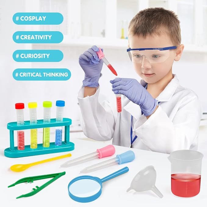 Scientist Costume for Kids, Lab Coat with Science Experiment Kit, Dress Up & Pretend Play for Boys Girls Ages 4 to 8 Years Old