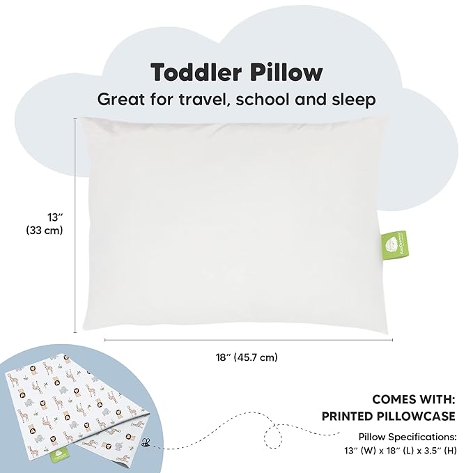 Toddler Pillow with Pillowcase - 13x18 My Little Dreamy Pillow, Organic Cotton Toddler Pillows for Sleeping, Kids Pillow, Travel Pillows, Mini Pillow, Nursery Pillow, Toddler Bed Pillow (The Wild)