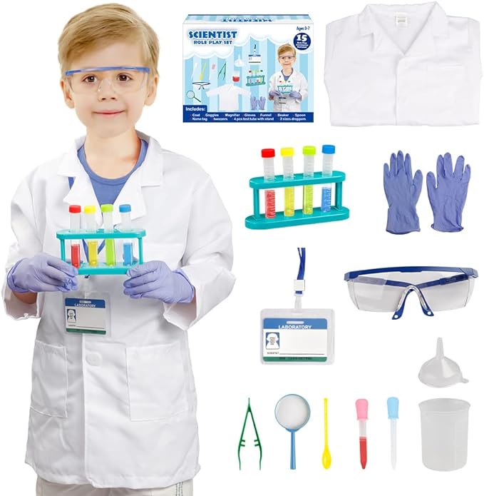 Scientist Costume for Kids, Lab Coat with Science Experiment Kit, Dress Up & Pretend Play for Boys Girls Ages 4 to 8 Years Old