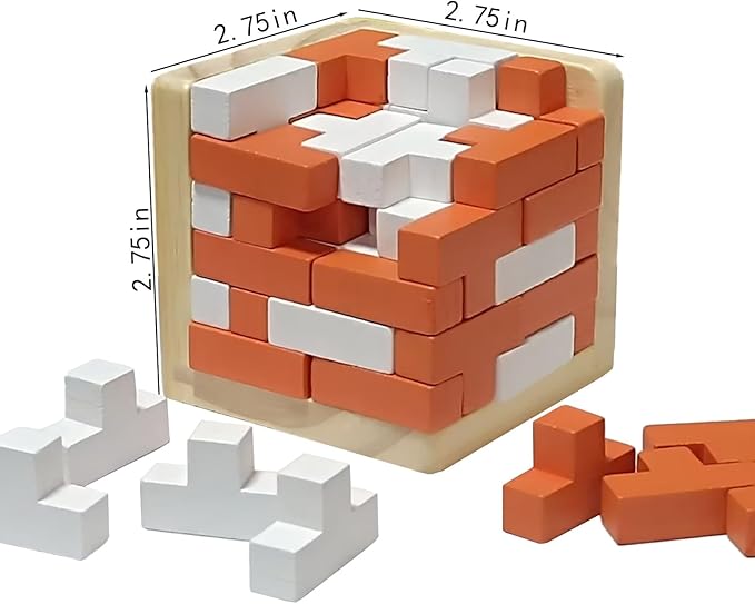 Wooden Brain Teaser Puzzle Cube Wooden Puzzles T-Shaped Jigsaw Logic Puzzle Educational Toy for Kids and Adults by AHYUAN (Orange and White)