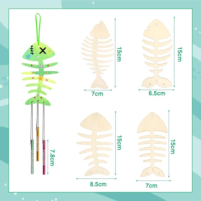 Fennoral 12 Pack Wind Chime Kit Spring Craft for Kids Wooden Arts and Crafts for Girls Boys Make Your Own Fish Wind Chime Ornaments DIY Coloring Fish Craft for Spring Easter Birthday Party Supplies