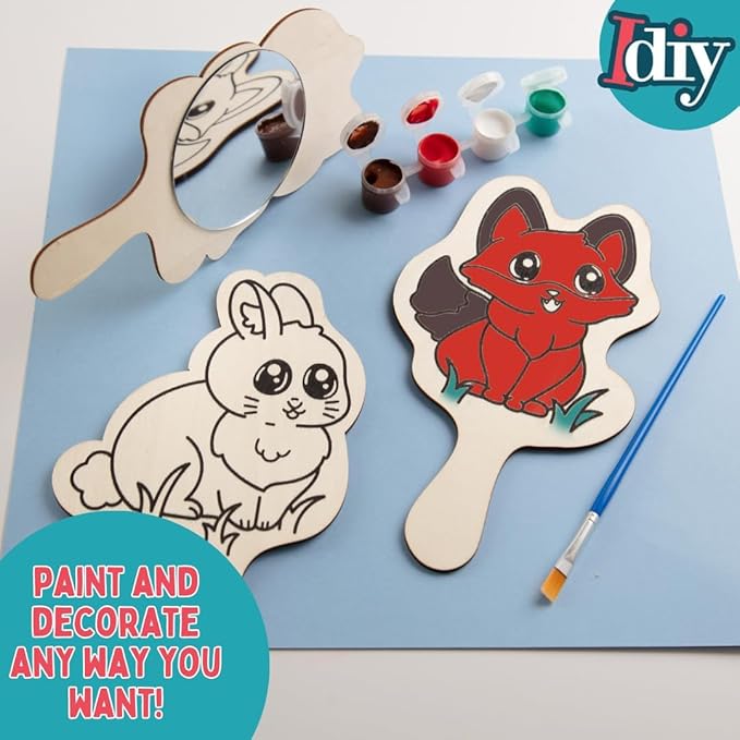 Paint Your Own Mirror Kids Party Craft Kits(12 Forest Friends Wood Mirrors w Paints)-Each Kit Has its Own Brush, Paint, & Project-Fun, Unique Birthday Favors, Valentines Classroom School Activity Gift