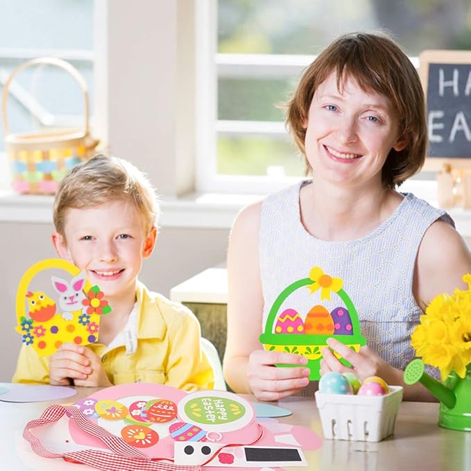 BigOtters Easter Craft Kits, 6PCS DIY Sets Including Hatching Chick Bunny Egg Easter Basket Craft Stick Sign Bunny Wreath and Rabbit Glasses for Kids Favor Classroom Daycare Homeschool Art Decor