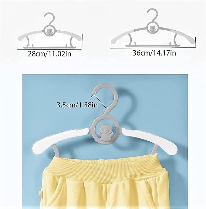 HGYZE Kid Hangers for Closet 50pcs, Grey Infant Clothes Hanger 11-14" Adjustable Plastic Baby Coat Hangers with Bear Hook, Non-Slip Children Outfit Hangers for Girl Boy Toddler Newborn Teen Clothing