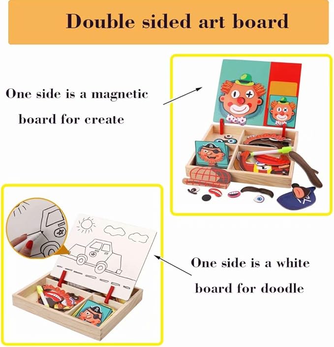 Wooden Magnetic Jigsaw Puzzles Toy, Toddler Craft Toys Educational Travel Puzzle Games Double Sided Drawing Easel for Boys and Girls