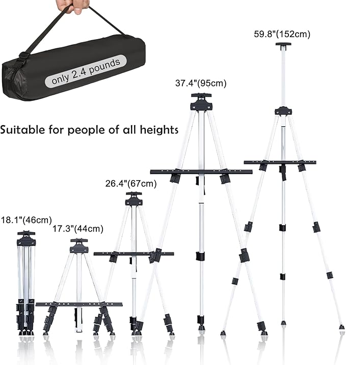 Portable Artist Easel Stand, Art Drawing Easels for Painting Canvas Wedding Signs & Display，Adjustable Height Painting Easel with Bag, Height from 17" to 60",Silver