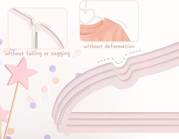 Pink Heart Velvet Baby Hangers - 50pack 13inch Toddler Hangers with 20pcs Clips, Premium Velvet Strong and Durable Baby Clothes Hangers Without Slipping, Ultra Slim and Stackable Space Saving