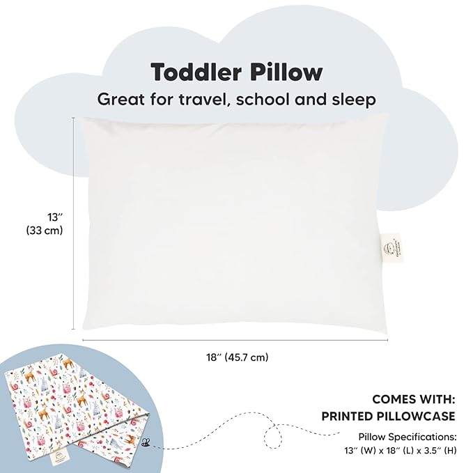 Toddler Pillow with Pillowcase - 13x18 My Little Dreamy Pillow, Organic Cotton Toddler Pillows for Sleeping, Kids Pillow, Travel Pillows, Mini Pillow, Nursery Pillow, Toddler Bed Pillow (Forestland)