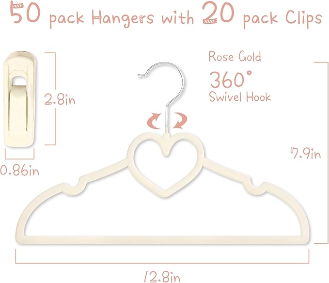Beige Heart Velvet Baby Hangers - 50pack 13inch Toddler Hangers with 20pcs Clips,Ultra Slim and Stackable Space Saving