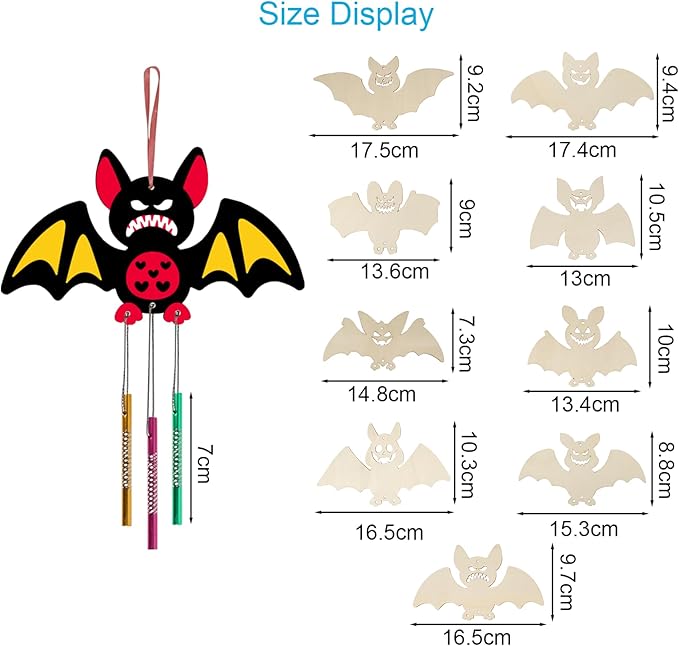 9 Pack Wind Chime Kit for Kids,Halloween Craft Kits Wooden Bat Wind Chime Decorative Hanging Ornaments DIY Painting Craft for Boys Girls Family Activities Halloween Party Supplies