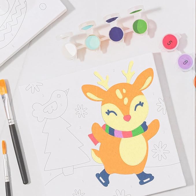 Reindeer Paint-by-Number Kit - Complete Art Set W/ 2 Canvases, 2 Brushes & 8 Paint Pots, Holiday-Themed, Kid & Adult Craft Kit