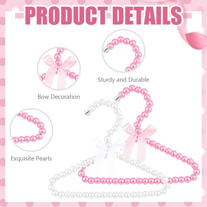 Wesiti 25 Pcs Small Pearl Hanger Mini Pearl Metal Elegant Clothes Hangers with Ribbon for Women Dog Cat (Pink,White)