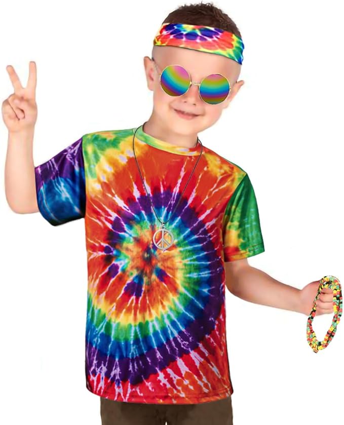 Kids Hippie Costume for Boys Girls 60s 70s T-Shirt 5Pcs Set for Halloween Party 3-12 Years