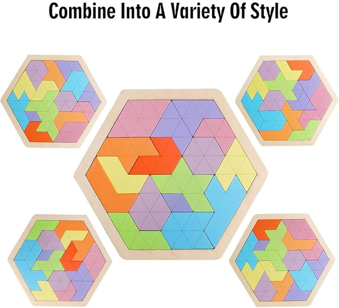 Skrtuan Wooden Hexagon Puzzle for Kid Adults Wooden Blocks Puzzle Brain Teasers Toy Shape Pattern Blocks Tangram Puzzles Games Family Portable Montessori Educational Gift for All Ages Children