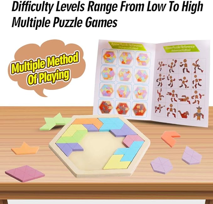 Skrtuan Wooden Hexagon Puzzle for Kid Adults Wooden Blocks Puzzle Brain Teasers Toy Shape Pattern Blocks Tangram Puzzles Games Family Portable Montessori Educational Gift for All Ages Children