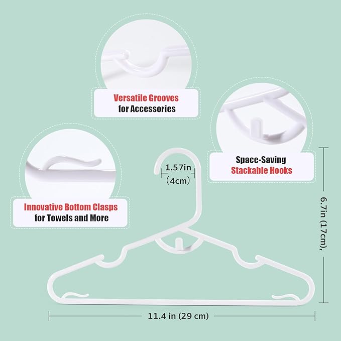 Baby Hangers 100 Pack, White Baby Hangers， Stackable Design Kids Hangers for Space Saving, 11.4 Inch Durable Hangers for Child Clothes, Toddler Infant Kids, Small Hangers for Closet