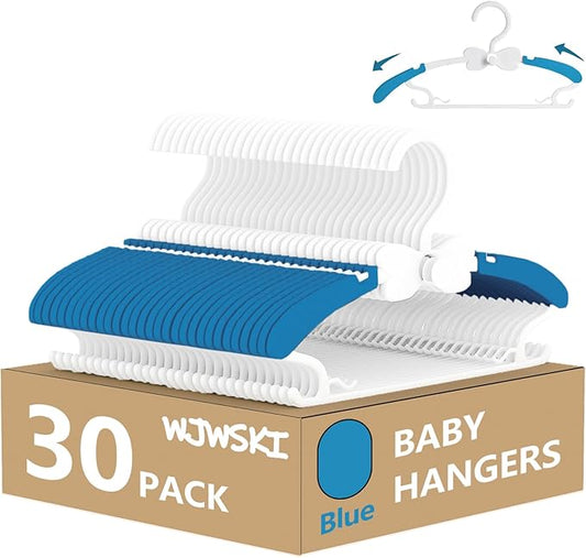 Kids Clothes Hangers, 11-14.5" Adjustable Toddler Hangers for Newborn Closet, Plastic Small Infant Hanger for Toddler Pant, Child Coat Hanger for Boy Nursery Clothing, 30 Pack Blue