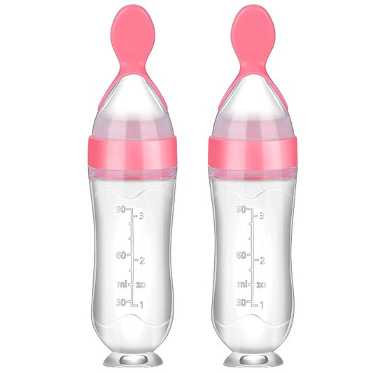 Nuanchu 2 Pieces Baby Spoon Feeder Squeeze Food Toddler Food Dispensing Spoon Suction Cup Design Feeder for Baby Toddlers Boys Girl(Pink)