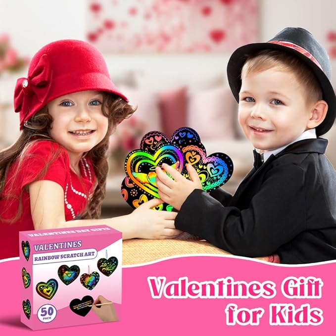 MDCGFOD 50 Pack Valentines Day Gifts for Kids, Rainbow Scratch Heart Crads Valentine Crafts for Kids - Create Magic Color Scratch Art for School Classroom Exchange Prizes Valentines Party Favors