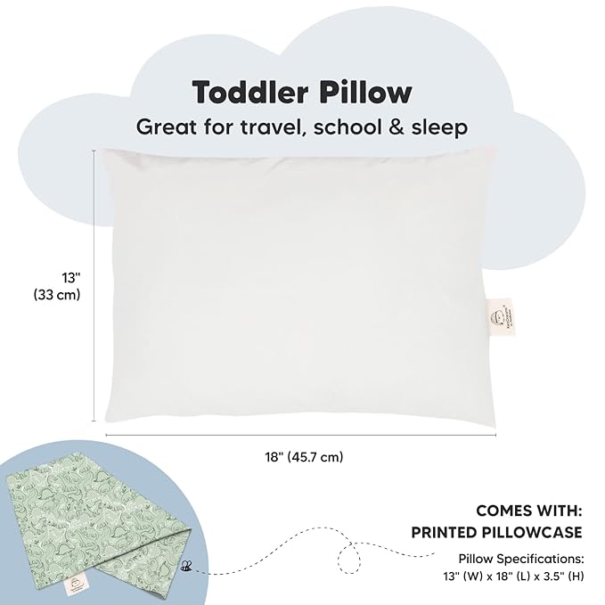 Toddler Pillow with Pillowcase - 13x18 My Little Dreamy Pillow, Organic Cotton Toddler Pillows for Sleeping, Kids Pillow, Travel Pillows, Mini Pillow, Nursery Pillow, Toddler Bed Pillow (DinoDood)