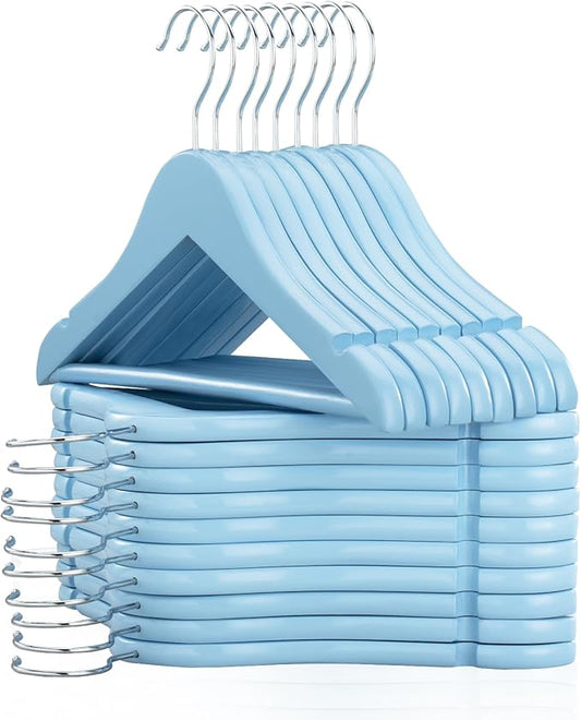 FairyHaus Kids Wooden Hangers 20Pack Blue, 12.8 Inch Baby Wooden Hangers for Closet, Anti-Rust 360° Swivel Hook, Notches & Smooth Finish, Natural Solid Wood Childrens Hangers for Clothes