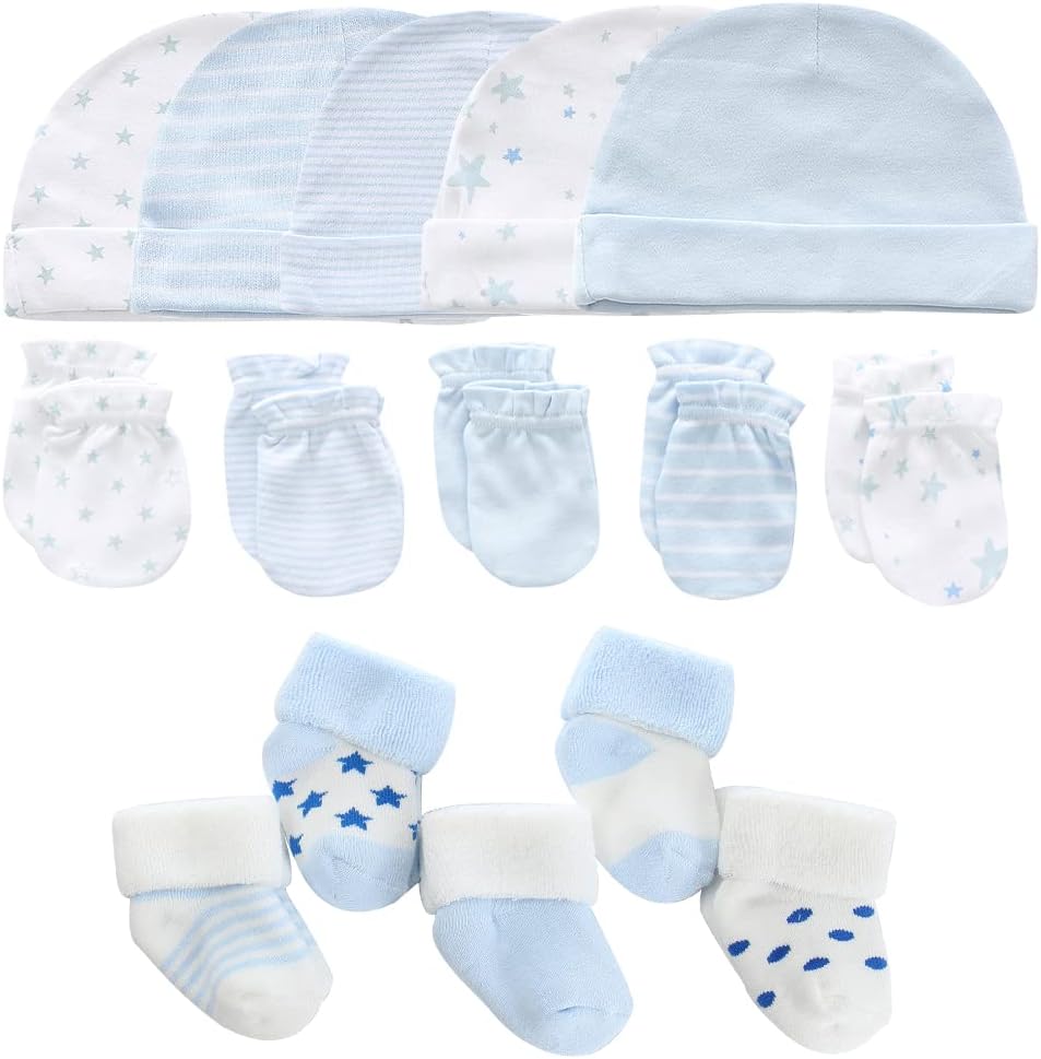 Newborn Baby Boy Girl Caps Mittens Socks Set Cotton Baby Essentials Accessories (Hats+Gloves+Socks)