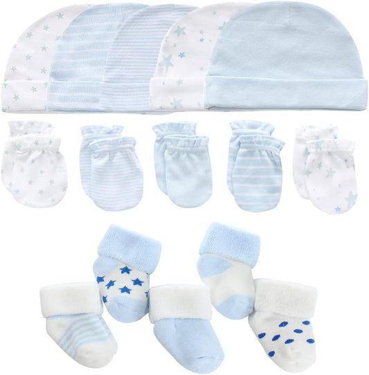 Newborn Baby Boy Girl Caps Mittens Socks Set Cotton Baby Essentials Accessories (Hats+Gloves+Socks)