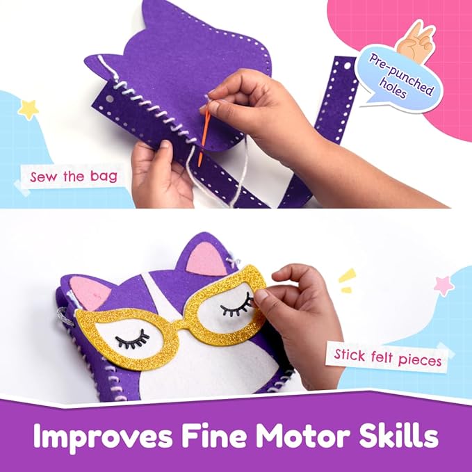 Bloomingo Art & Craft Kit - Kitty Sling Bag: Fun Mess Free Arts & Craft Kit for Kids; Design Your Own Cute DIY Craft Bag; Birthday Gift for Girls and Boys of Multicolor