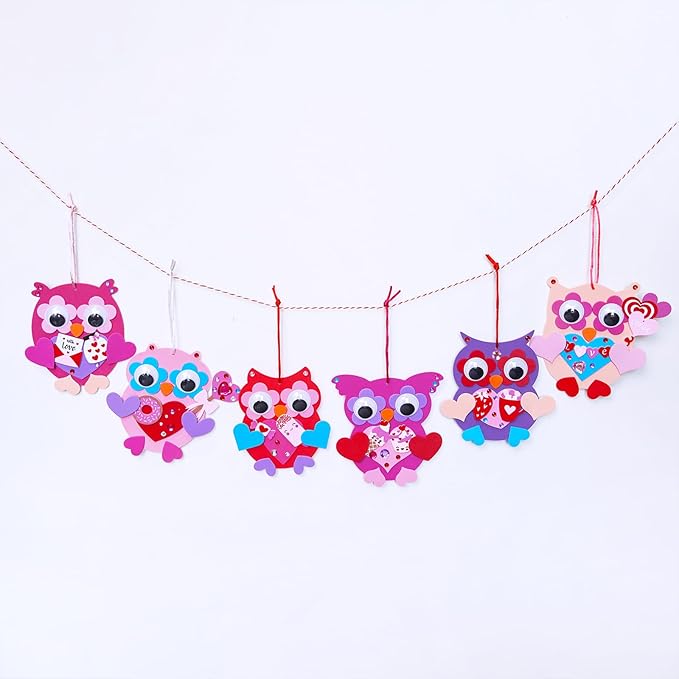 Winlyn 24 Sets Valentine's Day Craft Kits Heart Crafts DIY Valentine's Day Owl Ornaments Decorations Art Sets Foam Owl Heart Stickers for Kids Valentine's Day Party Classroom Activities Gift Exchange