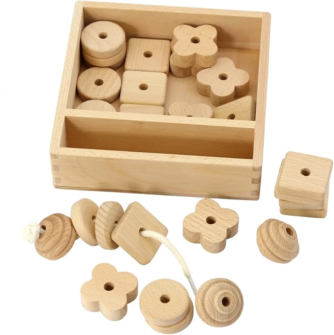 Lacing Bead 27 Large Wooden Beads 1 Lace for Toddler and Kids Montessori Educational Toy Fine Motor Skills 2 Years