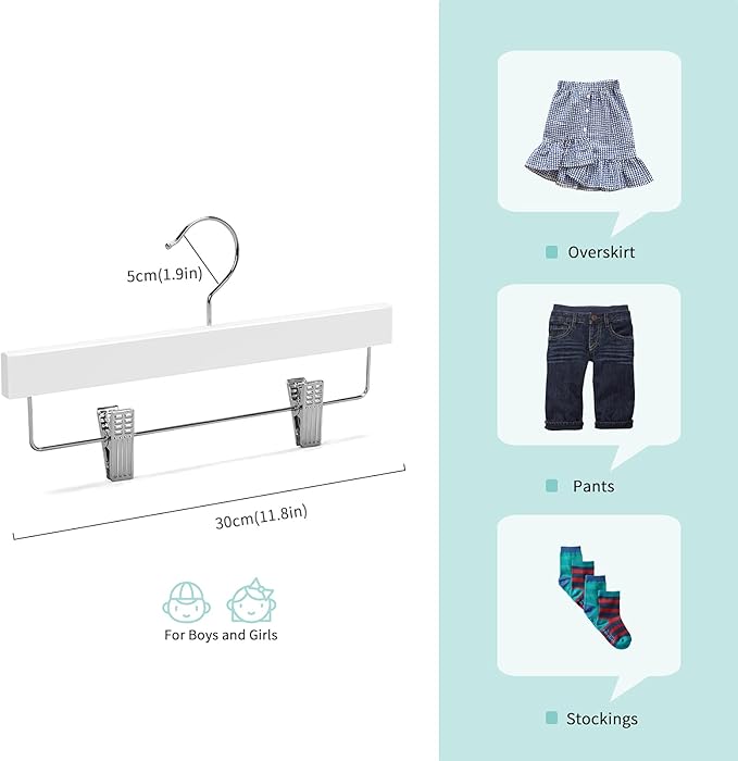 Nature Smile 11.8'' Kids Baby Toddler Children Solid Wooden Pants Hangers,Wood Skirts Hangers,Trousers Bottom Hangers with 2-Adjustable Clips Anti-Rust Hook Pack of 10 (White)