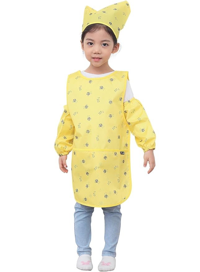 Children Waterproof Artist Painting Aprons or Art Smock 3PCS Set Yellow Bear (05-L)