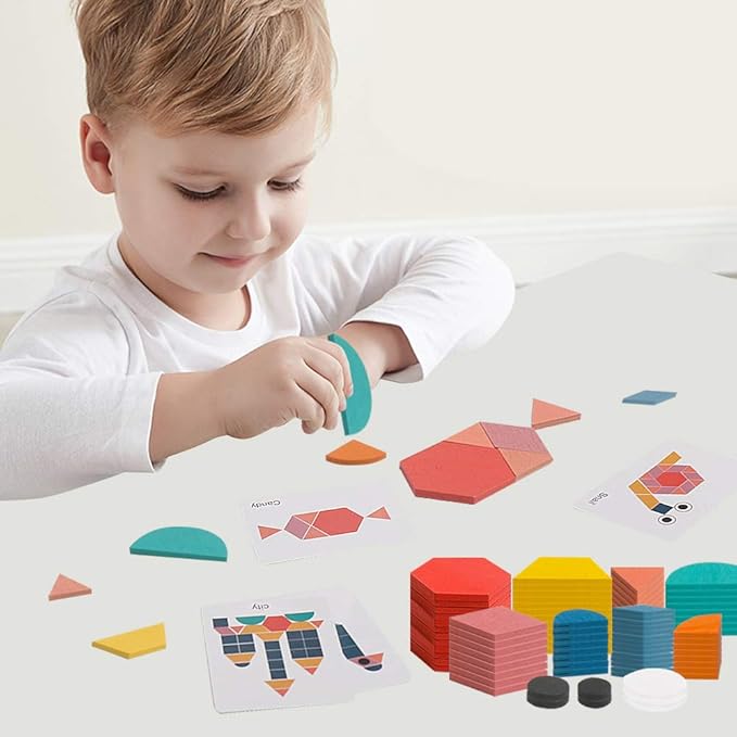 USATDD 180 Pcs Wooden Tangrams Pattern Blocks Set Geometric Manipulative Shape Puzzle Kindergarten Classic Educational Montessori Toys for Kids Toddlers Ages 4-8 with 24 Pcs Flash Cards