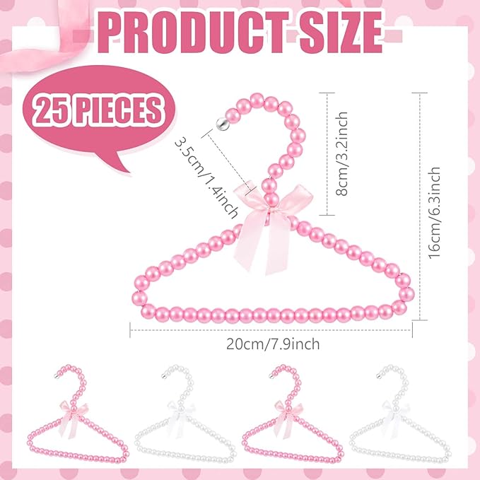 Wesiti 25 Pcs Small Pearl Hanger Mini Pearl Metal Elegant Clothes Hangers with Ribbon for Women Dog Cat (Pink,White)