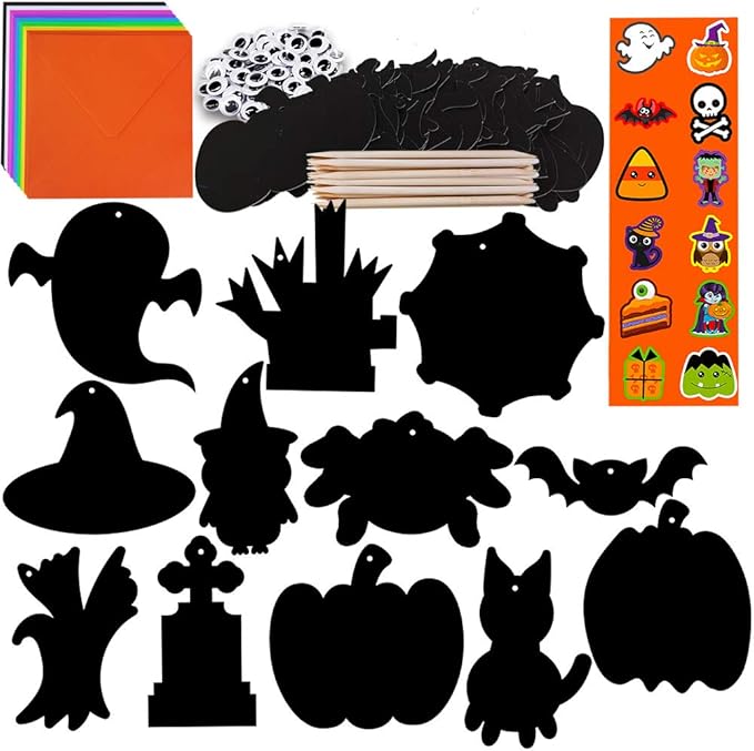 Winlyn 72 Sets Magic Color Art Rainbow Scratch Halloween Hanging Ornaments Bookmarks Craft Kit Assorted Paper Halloween Cutouts Googly Eyes for Kids Classroom Activity Party Favor Holiday Decor