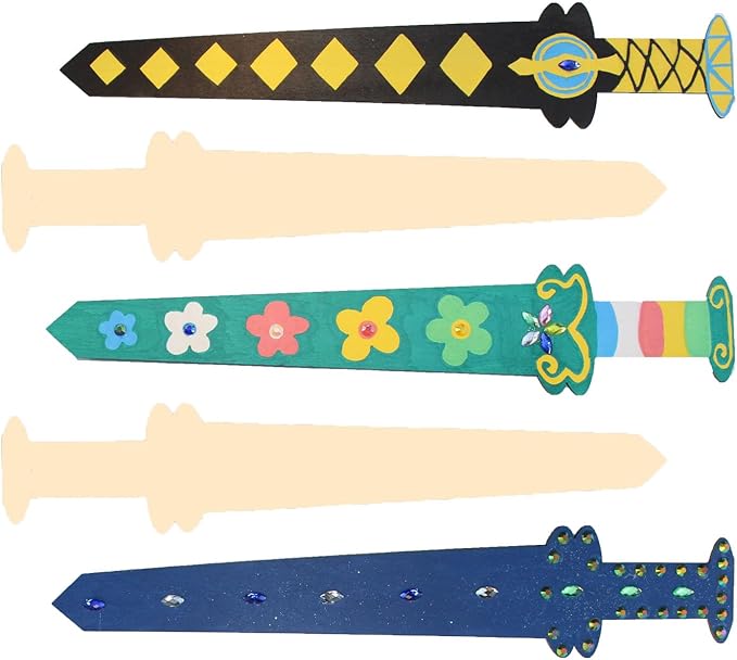 Wooden Toy Sword 5 Sets/DIY Wooden Art Craft for Kid Painted Imitation Diamond Kit - Handmade DIY- Paint-Paste Diamond Wooden Toy Sword, Blank Wooden Sword Make Your own Sword
