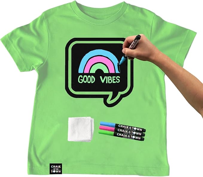 Green Speech Bubble Chalkboard Short Sleeve T-Shirt Kit for Kids with 3 Markers and 1 Stencil (Youth X-Small)