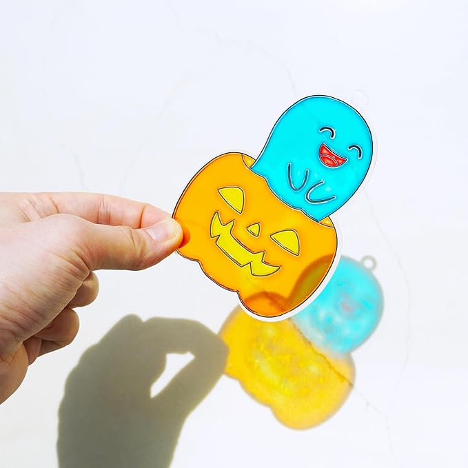 Winlyn 30 Sets Halloween Suncatchers Ornaments Decorations DIY Window Paint Art Suncatchers Halloween Craft Kits Jack-O'-Lantern Ghost Spider Sun Catchers for Kids Classroom Activities Art Project